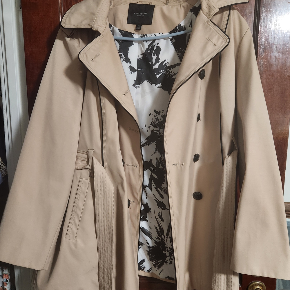 Marc Anthony Beige Trench Coat with Black & White Floral Lining